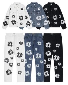 Dames/heren spijkerjas en jeans set mannen Flower Graffiti High Street herfststraat losse jas rechte broek Casual vintage gewassen pak nieuw