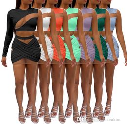 Women's Mesh Splicing One Shoulder Sexy Jurk Dames Lange Mouw Tee Mini Rok Twee Stuk Set Mode Lady Outfits S-2XL