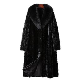 Abrigo largo de piel de visón para mujer, chaqueta negra de invierno, abrigo suave y cálido con Cuello de piel de lujo, prendas de vestir