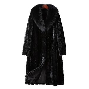 Manteau Long en fourrure de vison pour femme, veste d'hiver noire, pardessus doux et chaud, col en fourrure de luxe, vêtements d'extérieur