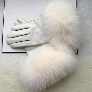 Dames natuurlijke grote bont lederen handschoen dames warme natuurlijke schapenvacht leer plus size witte autohandschoen R2451260g