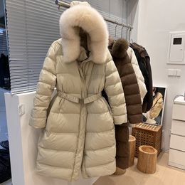 Manteau à capuche en fourrure de renard naturelle pour femme, avec ceinture en duvet de canard blanc, parka chaud et épais, mi-long, SM