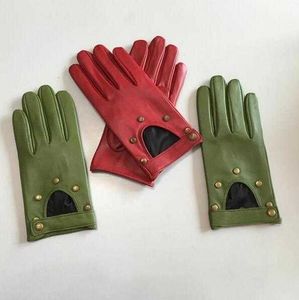 Gants de Style Punk en cuir naturel pour femmes, Rivet en cuir véritable, évider, rouge vert, gants de conduite de moto R749 H1022