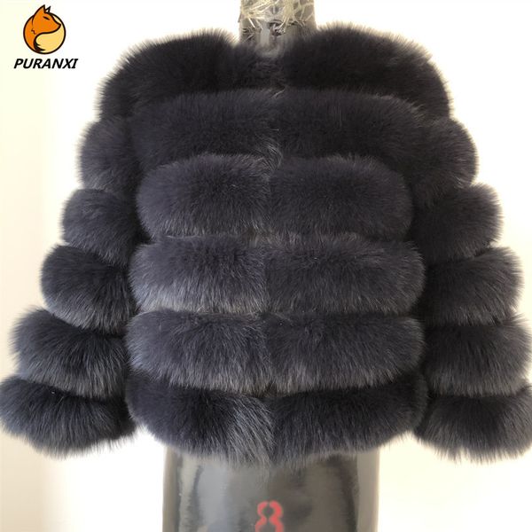 manteau de fourrure de renard bleu naturel pour femmes veste courte épaisse chaude véritable luxe d'hiver pour grils vêtements d'extérieur avec manches 201103