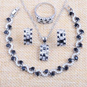 Dames ketting en oorbellen sieraden set armband voor vrouwen zilveren kleur met hanger zwart zirkonia ringen 2020 nieuwe H1022
