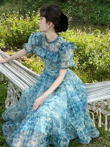 Nouvelles robes décontractées pour femmes o-cou bouffée manches courtes volants patché bleu imprimé taille haute robe de bal midi longue gaze vestidos SMLXL