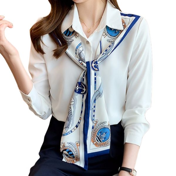 Camisa blusa de manga larga blanca con bufanda floral y estampado de oficina de trabajo OL para mujer SMLXLXXL