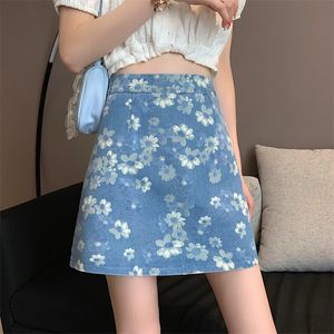 Nouvelle mode sexy pour femmes taille haute a-ligne denim jeans fleur imprimé jupe courte plus la taille SML