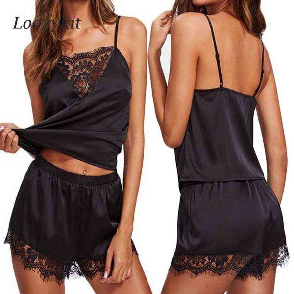 Nouveaux vêtements de nuit pour femmes dames Patchwork soie sans couture mode femmes vêtements de nuit sexy Satin col en v Camisole Shorts Lingerie Pamas ensemble 220901H