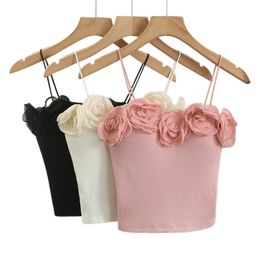 Nieuw camisvest met spaghettibandjes en 3D-bloemen patchwork bodycon-tuniek voor dames, gewatteerd kort tanktophemd