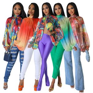 Vrouwen nieuwe zomer sjaal lace-up effen kleur shirt vleermuis mouw tops 2023 mesh see-through sexy chiffon top voor vrouwen