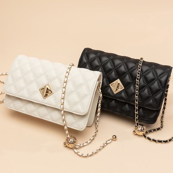 Nouveau sac à chaîne en cuir blanc à grille de diamant pour femmes, sac à bandoulière à la mode, sac à bandoulière polyvalent noir, sac à main