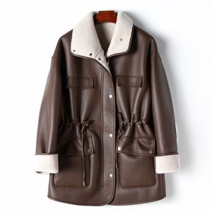 Manteau d'hiver en cuir écologique double face pour femme, veste en cuir slim de longueur moyenne à l'intérieur des particules de laine