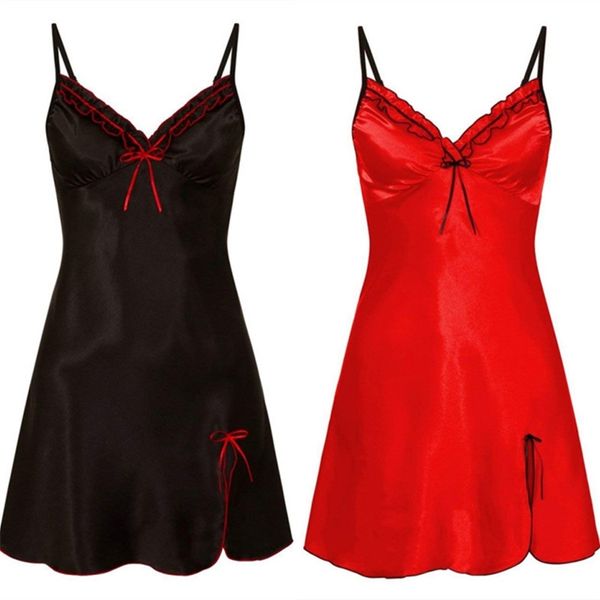 Chemise de nuit pour femmes Lingerie rouge Chemise de nuit sexy Chemise de nuit en satin Chemises de nuit Robe de nuit Vêtements de nuit Voir à travers les vêtements de nuit Plus Taille 210831