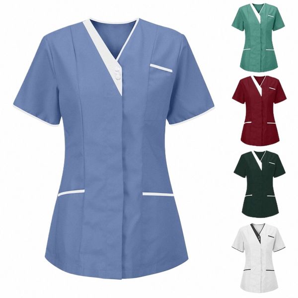 Infirmière pour femmes Tops à manches courtes V-Cou T-shirt de travail d'été Workwear Tops 2021 Fi Plus Taille Courte Sexy Infirmière Uniforme N3Na #