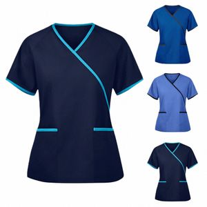 Uniforme d'infirmière pour femmes, couleur unie, col en v, haut à manches courtes, t-shirt pour infirmières, vêtements de travail Fi gommage, accessoires d'infirmière Medico I2M6 #