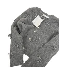 Cardigans tricotés en laine mohair pour femmes, col rond, avec nœud patché, couleur grise, mignon, XSSML