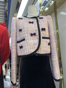 Femmes col rond bloc de couleur mignon noeud patchwork tweed laine vestes courtes manteau grande taille SML