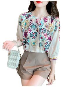 Bohemen-blouses in bohemenstijl met ronde hals en halve mouwen voor dames met print van chiffon SMLXLXXL