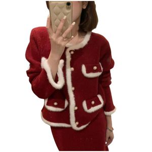 Jersey y falda de lúrex rojo de Navidad de manga larga de punto con cuello redondo y parches de piel sintética para mujer, traje de vestir de 2 piezas SMLXLXXL