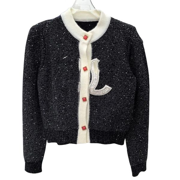 Cardigan tricoté à manches longues pour femmes, col rond, logo brodé, strass, paillette lurex, brillant, bouffant, SML