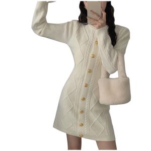 Robe courte en laine grossière pour femmes, col rond, manches longues, tricotée, taille fine, SMLXL