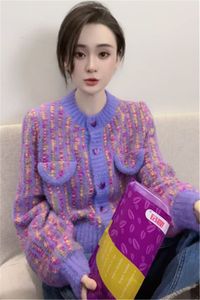 Femmes col rond manches longues bloc de couleur violet chaud épaississement pull tricoté manteau cardigan SMLXL