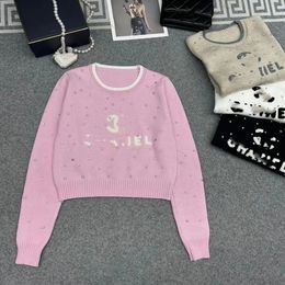 Suéter de punto con bordado de letras para mujer, jersey de manga larga con cuello redondo y diamantes de imitación, parches, SMLXL