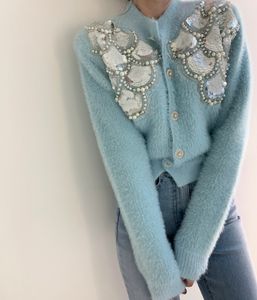 Pull femme en laine mohair col rond paillette paillettes perles strass patché cardigan manteau court