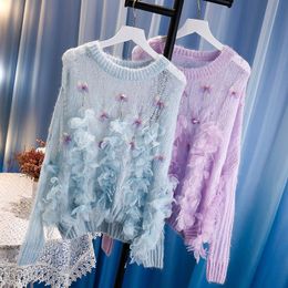 Pull en laine mohair à col rond pour femmes tricoté mince évider 3D papillon strass patché pull pull