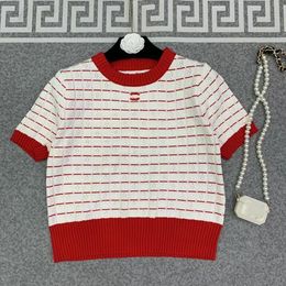 Pull tricoté ajouré à manches courtes pour femmes, col rond, bloc de couleur, logo brodé, t-shirts chemises SMLXL