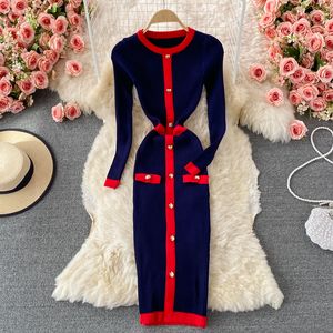 Robe femme col rond simple boutonnage couleur bloc tunique moulante taille haute midi long pancil vestidos