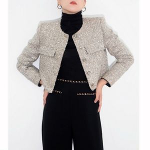Vestes femme col rond simple boutonnage couleur argent lurex patché brillant bling tweed manteau court en laine SMLXL