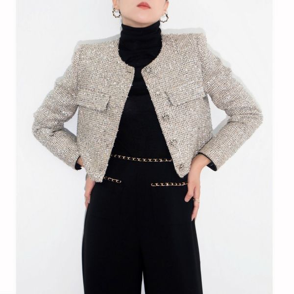 Vestes femme col rond simple boutonnage couleur argent lurex patché brillant bling tweed manteau court en laine SMLXL