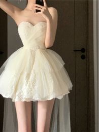 Femmes hors épaule tube haut sans manches princesse style gaze dentelle robe de bal robe sexy fête anniversaire vestidos SML