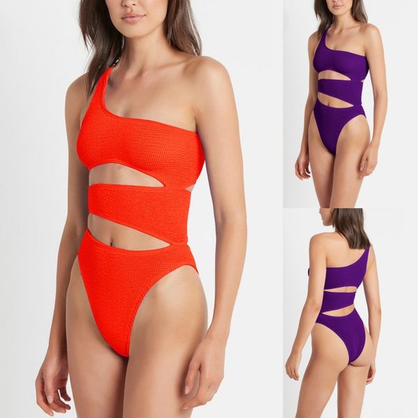 Maillot de bain asymétrique épaule dénudée pour femmes, côtelé, Sexy, une pièce, body ajouré, couleur unie, vêtements de plage, nouvelle collection 2023