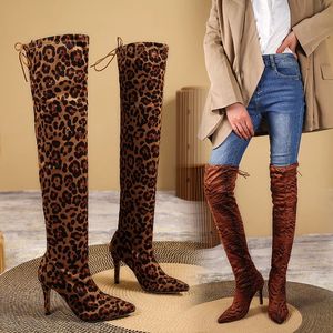 Bottes au dessus du genou pour femmes, mode Sexy imprimé léopard noir, talon fin, bout pointu, bottes de fête