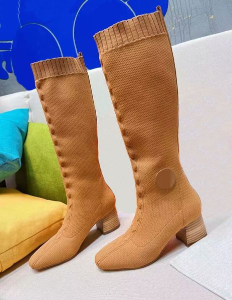 Bottes longues élastiques au dessus du genou pour femmes, chaussettes tricotées à la mode, tissu en cuir véritable, chaussures à talons hauts, chaussures Martin de fête de mariage 35-40