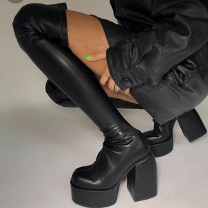 Dames over-the-knie laarzen elastische microfiber lederen highs hak platform schoenen zwarte winter vrouwen dij hoge boot 2021