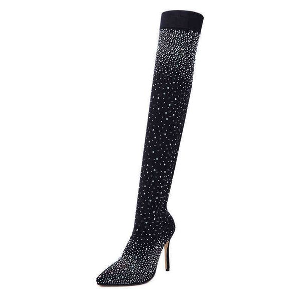 Femmes sur le genou bottes strass bottes serrées chaussettes élastiques Sexy talons hauts Bling Sequin tricoté élastique talons hauts H1116