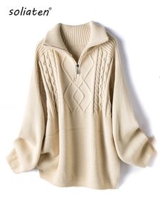 Suéter de lana de punto de gran tamaño para mujer, suéter de punto grueso y cálido, abrigo de invierno con cremallera de cuello alto de manga larga sólida C295 220815