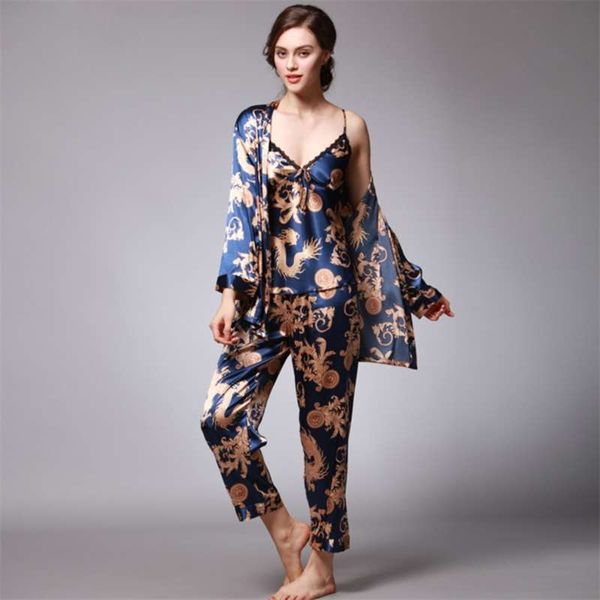 Conjunto de pijama para mujer Ropa de dormir Traje Ropa interior 3 piezas Loungewear Impresión floral Pijamas para damas Otoño Ropa para el hogar Homewear 210928