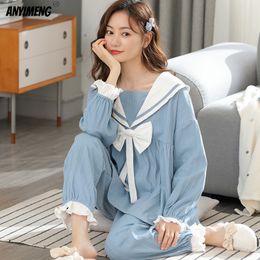 Dames Pyjama's Prinses Stijl Katoen Lente Herfst Navy Kraag Pyjama Aziatische Size Bow Sky Blue Kawaii Pyjama Koreaanse Jeugd PJ Set 220309