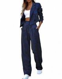 Costumes de pantalons pour femmes, automne Fi Street, travail de bureau, formel, manches Lg, Blazer rayé, jambe droite, costume 07W2 #, 2023