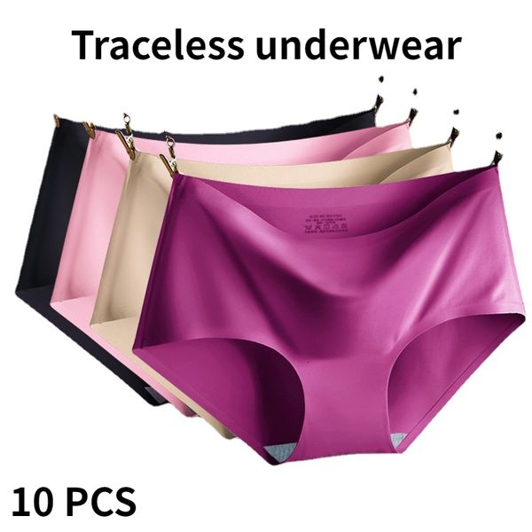 Women's Panties 10 pièces culottes pour femmes solide sous-vêtements sans couture grande taille slips confortables soie Satin Lingerie santé sans piste caleçonIce 230425