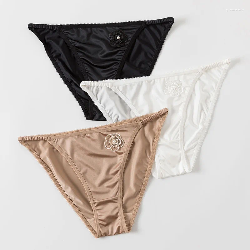 Women's Panties 1pc Women Ultra-thin Nylon Solid Color Satin Seamless Breathable Briefs Low-waist Floral Elastic Lingerie Underpants