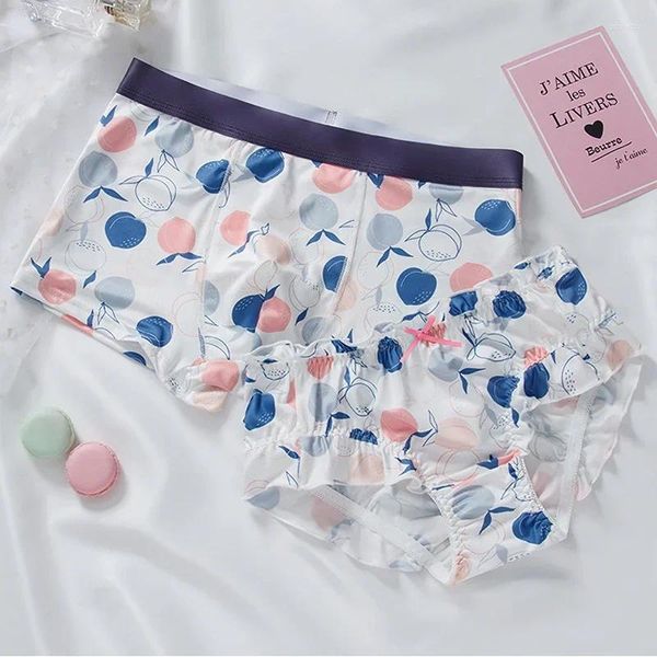 Culotte Femme 2 pièces Ensemble Couple Sous-vêtements Imprimé Lait Soie Femmes Slips Mignon Taille Moyenne Hommes Coton Entrejambe Boxers Confortable Kawaii