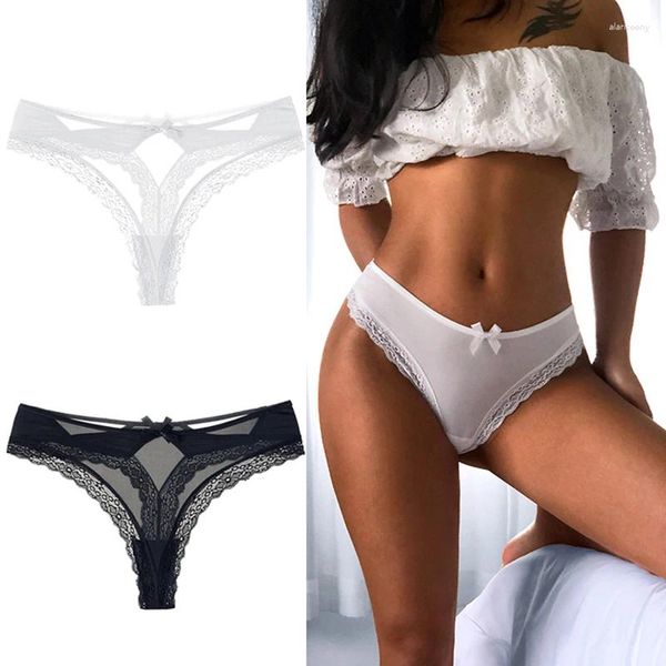 Bragas para mujer 2024, ropa interior Sexy de encaje de malla de seda de hielo, ropa interior con lazo calado, entrepierna sexual, calzoncillos de algodón sin costuras, Tanga