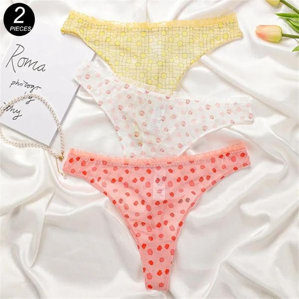 Bragas para mujer, 2 uds., ropa interior Sexy con espalda en T de limón/manzana/melocotón, Tanga de encaje con estampado de frutas, pantalones en T para niña con entrepierna de algodón