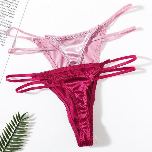 Bragas de mujer 2 unids/lote G-string ropa interior Sexy mujer calzoncillos Tanga Color sólido Pantys Lencería diseño satinado